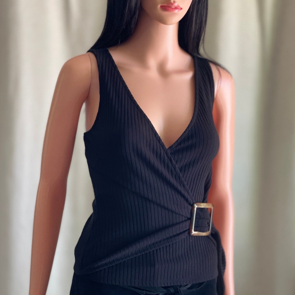 Black Ribbed Wrap Tank Top Side Buckle‎ Dark Academia Minimalist Office Siren S